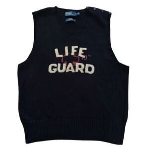 Vintage Polo Ralph Lauren Handknit Lifeguard Sweater Vest XL Black Pima Cotton